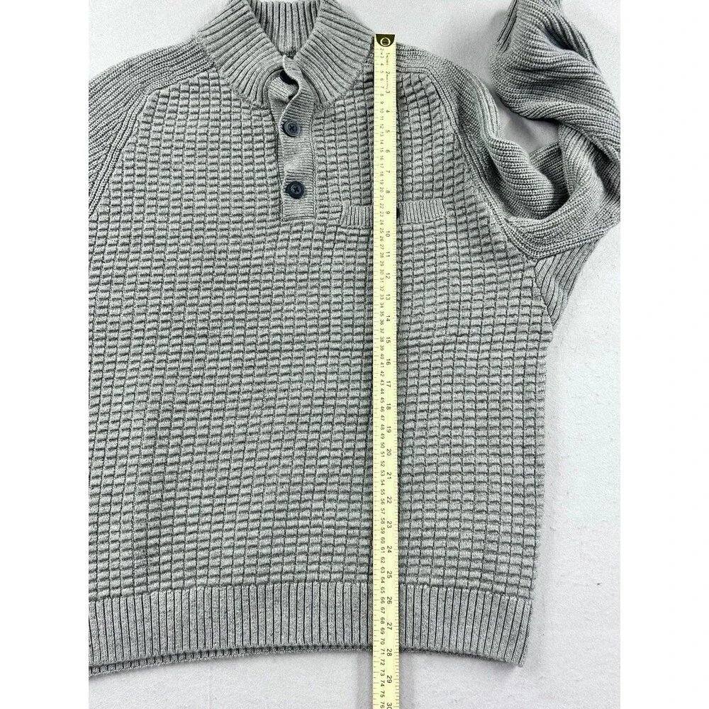 Duluth Burly Retirement Button Mock Sweater Men's Gray Pullover Heavy Waffle